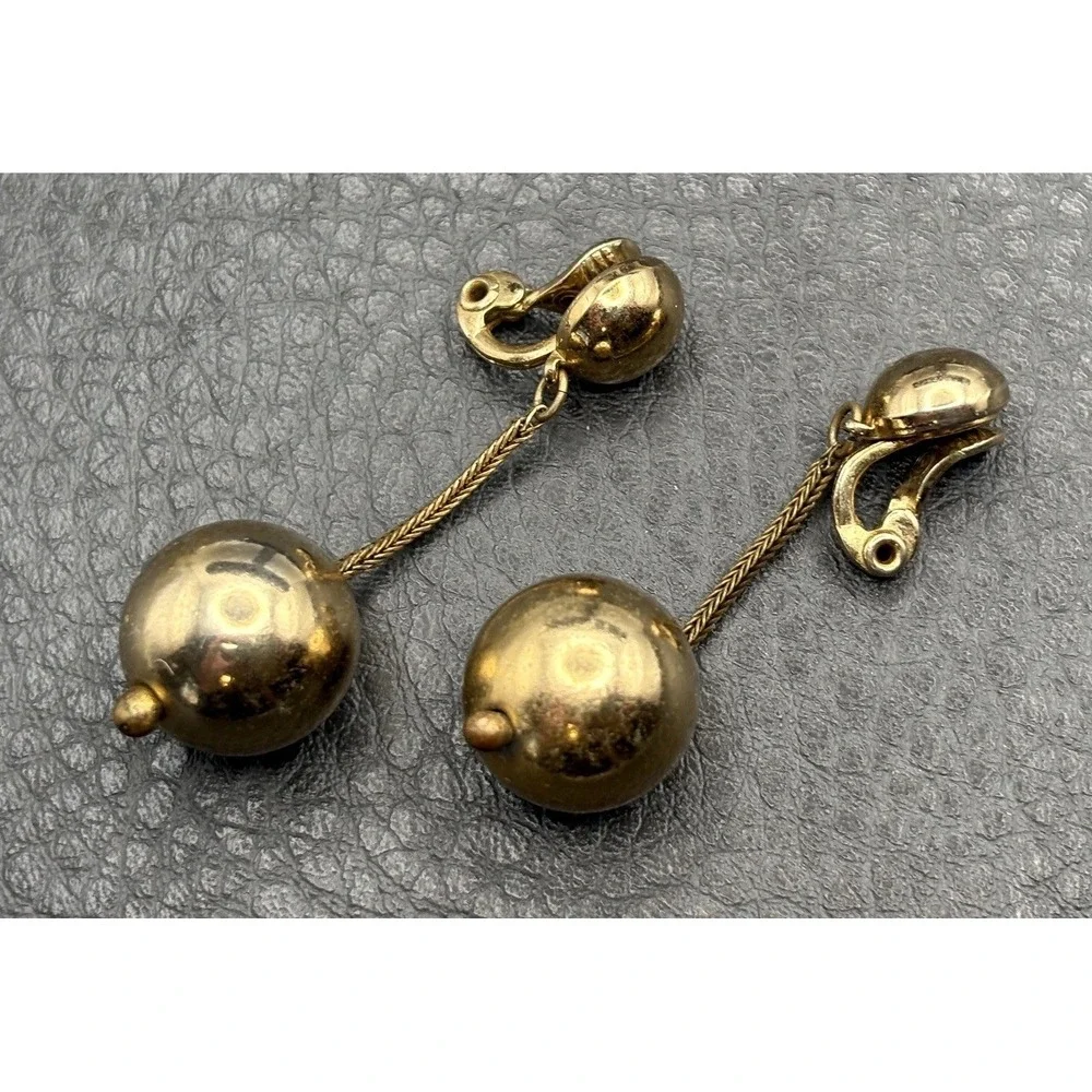 Vintage Monet Ball Dangle Drop Bead Earrings Clip-On Gold Tone